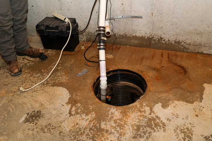 A plumber repairing a sump pump in a flooded basement.
