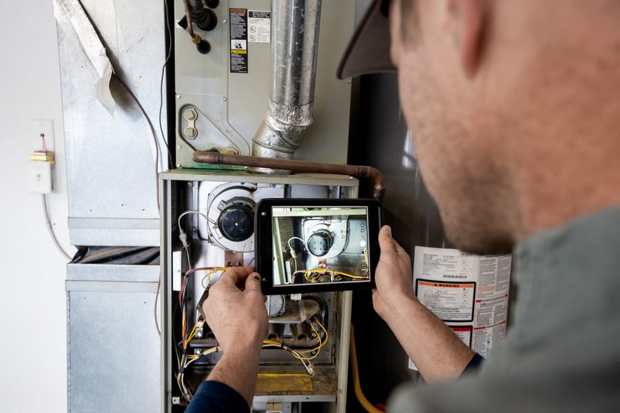 technician diagnosing furnace repairs