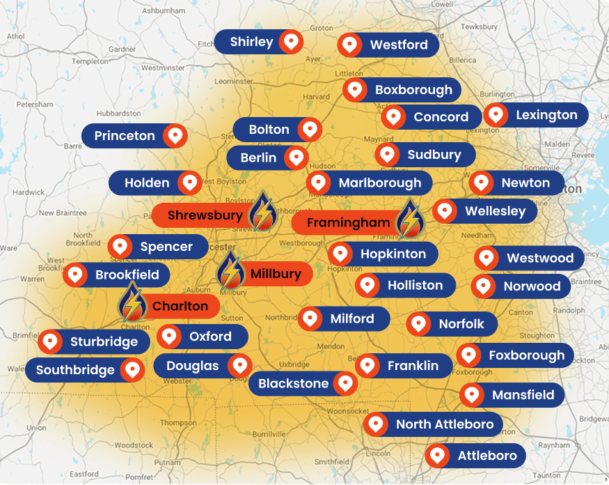 Map of central England showing towns labeled in blue and orange shaded service coverage with red pins across the region.